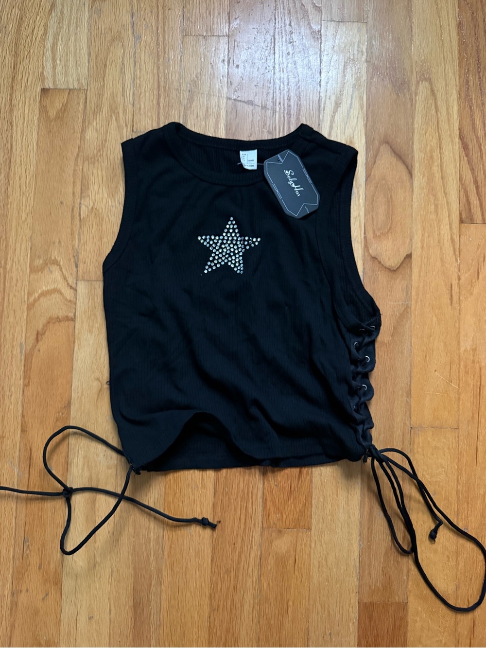 Soly Hux Black Ribbed Star Lace-Up Side Crop Tank